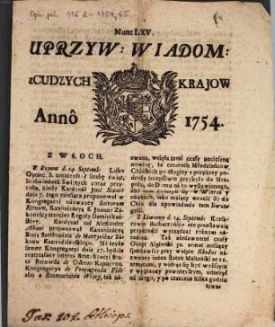 Uprzyw. Wiadom. z Cudzych Krajow. 1754, Nr. 65