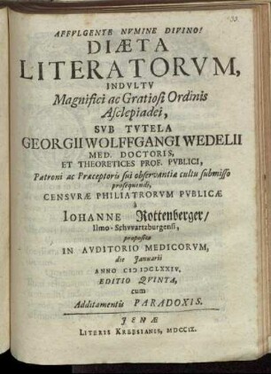Diæta Literatorvm : Indvltv Magnifici ac Gratiosi Ordinis Asclepiadei