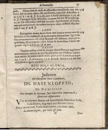 Iudicium De Clarissimo Iuris Candidato, Dn. Hasenloffio, De Domicilio [...]