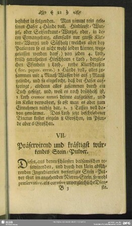 VII. Präservirend und kräftigt würkendes Stein-Pulver