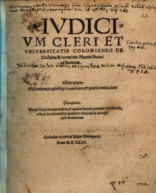 Ivdicivm Cleri Et Vniversitatis Coloniensis De Doctrina & uocatione Martini Buceri ad Bonnam