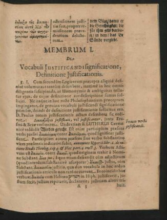Membrum I. De Vocabuli Justificandi significatione, Definitione Justificationis.