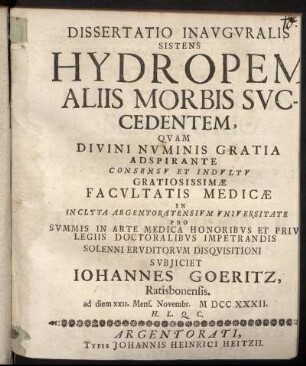Dissertatio Inauguralis Sistens Hydropem Aliis Morbis Succedentem