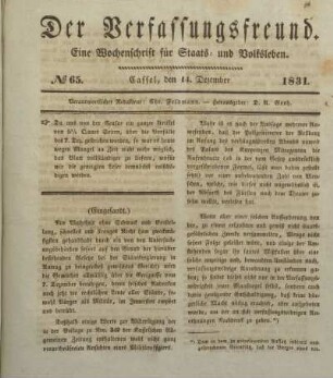 № 65. Cassel, den 14. Dezember 1831.