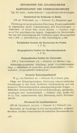 Geographie und Kolonialwesen. Kartographie und Vermessungswesen