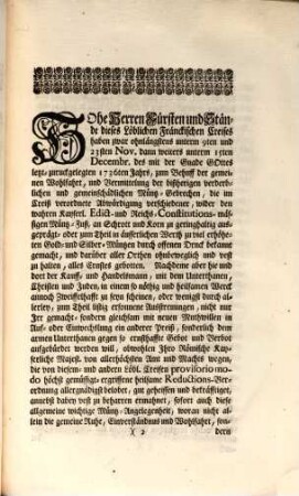 Müntz-Patent Hoher Herren Fürsten, und Ständen des Löbl. Fränckischen Craises : De dato Nürnberg 18. Januar 1737.