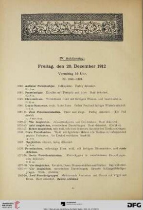 IV. Auktionstag: Freitag, den 20. Dezember 1912, Vormittag 10 Uhr (Nr. 1043-1359)