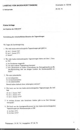 Anfrage der FDP zur wirtschaftlichen Situation der Tageszeitungen