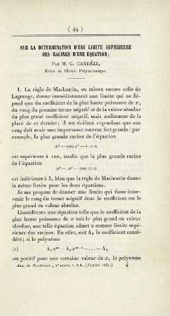 Sur la détermination d'une limite supérieure des racines d'une équation.