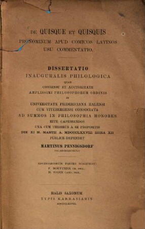 De Quisque et Quisquis pronominum apud Comicos Latinos usu commentatio : Hallenser Doctordiss.