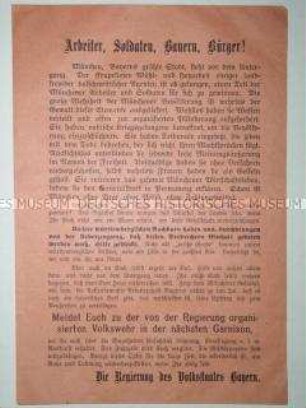 Propagandaflugblatt mit einem Aufruf an die Bürger von München, sich der von der Regierung aufgestellten Volkswehr anzuschließen