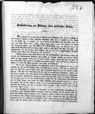 Aufforderung zur Bildung eines politischen Klubs. (Sammlung Friedlaender)