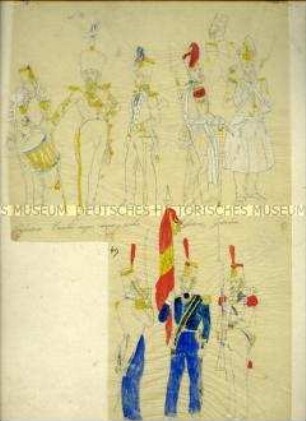 Uniformdarstellung, Skizzen von Uniformen des Tambours, Tambour-Majors und Trompeters, der Pioniere und Sappeure der spanischen Infanterie sowie des Offiziers, Fahnenträgers und des Gemeinen des Königlichen Grenadier-Regiments, Spanien, 1830.