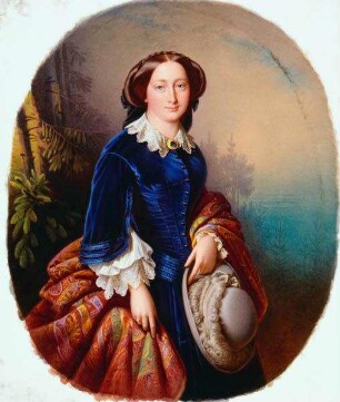 Herzogin Alexandrine von Sachsen-Coburg und Gotha (1820 - 1904) in Jagdbekleidung vor der Kulisse des Thüringer Waldes