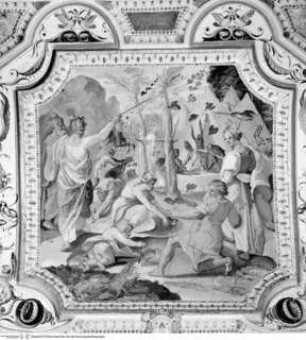 Kapelle: Szenen aus dem Alten Testament, Putten und Grotesken, Ein großer Wachtelschwarm fliegt in das Lager der Israeliten