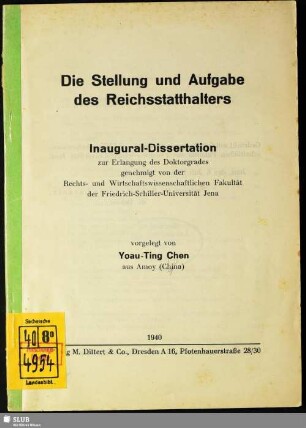 Die Stellung und Aufgabe des Reichsstatthalters