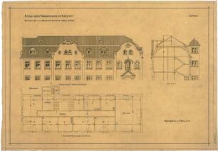 Billing, Hermann; Rastatt, Kapellenstr. 20; Mädchenschule, Umbau - Fassade an der Kapellenstraße (Ansicht; Schnitt); Dachstock (Grundriss)
