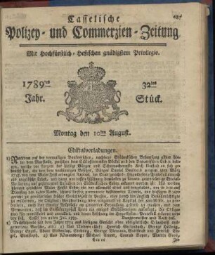 32tes Stueck, Montag den 10ten August. 1789