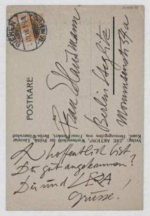 Ansichtspostkarte von Raoul Hausmann an Elfriede Hausmann. [Bieren]