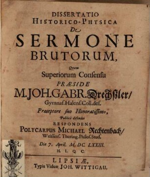 Dissertatio Historico-Physica De Sermone Brutorum