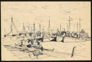 Skizze: Hafen mit Steg und Segelbooten