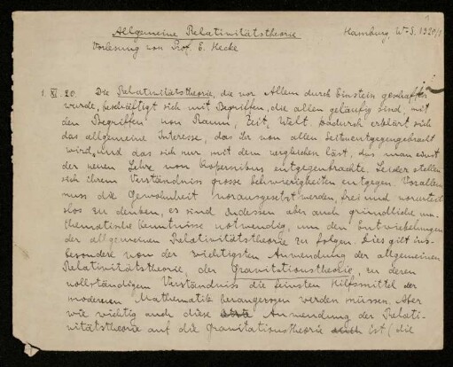 Allgemeine Relativitätstheorie [Vorlesungsmitschrift], Hamburg, 1920 - 1921