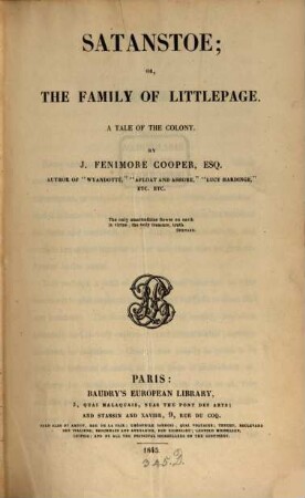 Satanstoe; or,the family of Littlepage : a tale of the colony