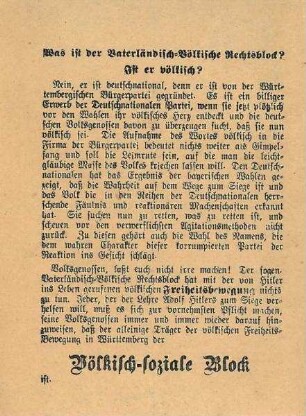 Flugblatt des Völkisch-sozialen Blocks (Hitler-Bewegung) gegen den Vaterländisch-Völkischen Rechstsblock (wohl zur Landtagswahl)
