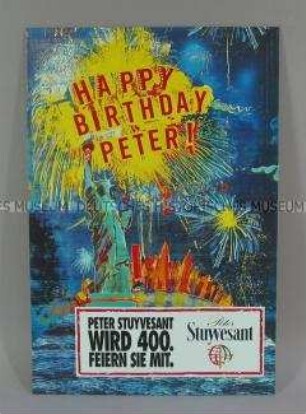Werbeschild (beidseitig) mit Werbeaufdruck für "Peter Stuyvesant"-Zigaretten, "HAPPY BIRTHDAY PETER!"
