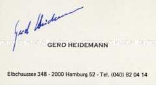 Handsignierte Visitenkarte des Journalisten Gerd Heidemann, der die gefälschten Hitler-Tagebücher verkaufte