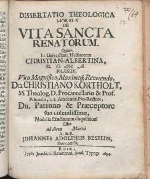Dissertatio Theologica Moralis De Vita Sancta Renatorum