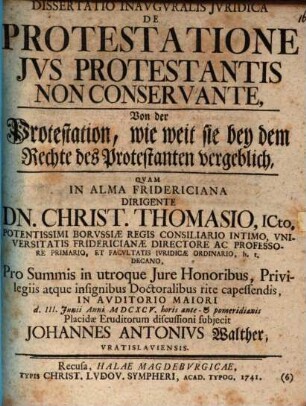 Diss. inaug. iur. de protestatione ius protestantis non conservante