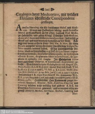 Catalogus derer Medicorum, mit welchen Hildanus schrifftliche Correspondenz gepflogen