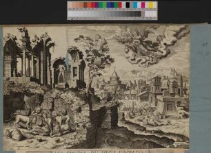 [Holzschnitt: links im Vordergrund Ruine mit Daniel in der Löwengrube, rechts im Hintergrund eine antike Stadtansicht, davor ein erschlagener Drache]