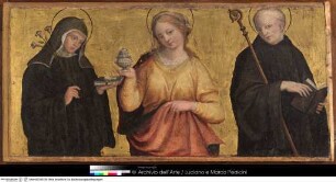 Polyptychon mit Taufe Christi, thronender Madonna und Benediktinerheiligen, Drei Tafeln mit Heiligen, Die Heiligen Scholastica, Maria Magdalena und Benedikt von Nursia