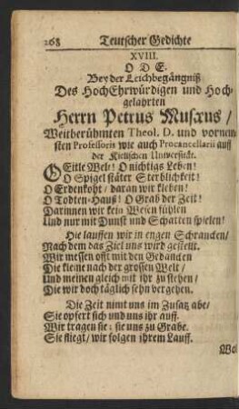 XVIII. Ode. Bey der Leichbegängniß Des HochEhrwürdigen und Hochgelahrten Herrn Petrus Musaeus ...