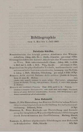 Bibliographie vom 1. Mai bis 1. Juli 1867.