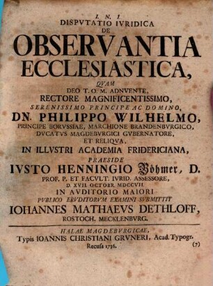 Dispvtatio Ivridica De Observantia Ecclesiastica