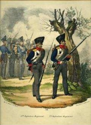 Uniformdarstellung, Infanteristen des 6. und 7. Infanterie-Regiments, Preußen 1830. Aus: Elzholz u.a.: Das Preussische Heer. Tafel 43.