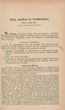 Gesetz, betreffend die Erbschaftssteuer. Vom 30. Mai 1873