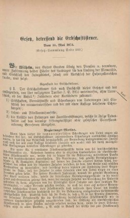 Gesetz, betreffend die Erbschaftssteuer. Vom 30. Mai 1873