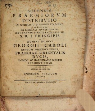 Solennis praemiorum distributio in Gymnasio Münnerstadiano, 1795