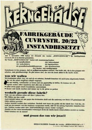 Flugschrift: Kerngehäuse. Fabrikgebäude Cuvrystr. 20/23 instandbesetzt, 1980