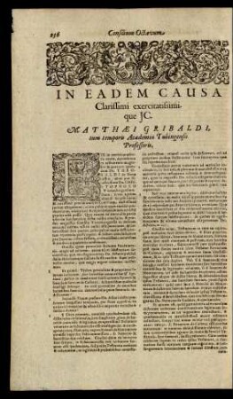 In Eadem Causa Clarissimi exercitatissimique JC. Matthaei Gribaldi, tum temporis Academiae Tubingensis Professoris
