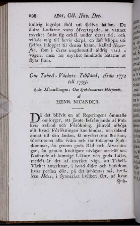 Om Tabell - Värkets Tillstånd, ifrån 1772 til 1775. 8:de Afhandlingen: Om Sjukdomarnes Härjande.