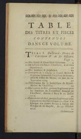 Table des titres et pieces