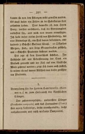 A. Anweisung für die Herrn Landwirthe, Gärtner u. s. w. zum Gebrauch der künstlichen Dünger