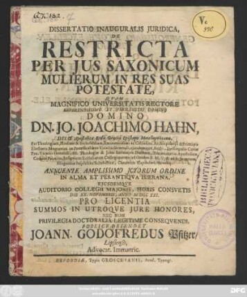 Dissertatio Inauguralis Juridica, De Restricta Per Jus Saxonicum Mulierum In Res Suas Potestate