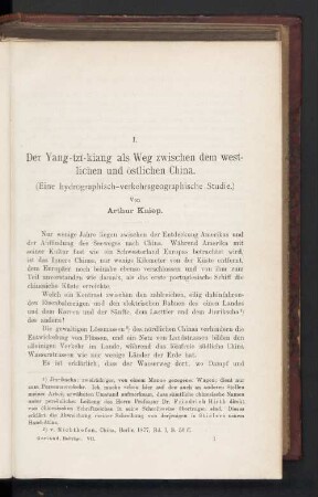I. Der Yang-tzï-kiang als Weg zwischen dem westlichen und östlichen Chila. (Eine hydrographisch-verkehrsgeograrphische Studie)