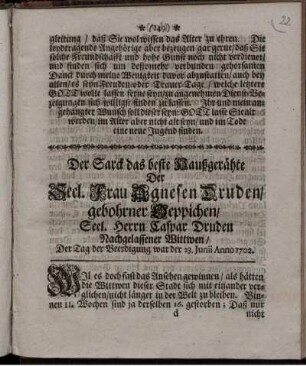 Der Sarck das beste Haußgerähte Der Seel. Frau Agnesen Druden/ gebohrner Oeppichen/ Seel. Herrn Caspar Druden Nachgelassener Wittwen/ Der Tag der Beerdigung war der 23. Iunii Anno 1702